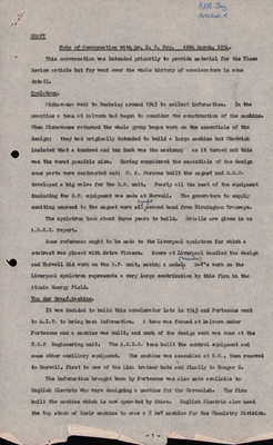 Notes of a conversation with DW Fry (Notes on the history of accelerators for a Times Review article presumably written KEB Jay in conversation, 16 March 1954)