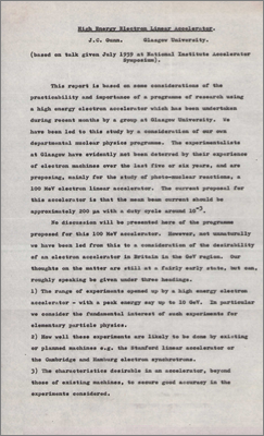 High Energy Electron Linear Accelerator (talk given at National Institute Accelerator Symposium by JC Gunn, Glasgow, July 1959)