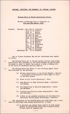 Minutes of Working Party on Future Accelerator Policy held in Liverpool (27 and 18 March 1960)