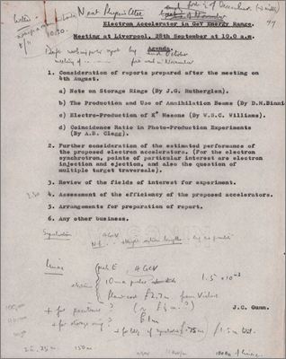Working Party on Electron Accelerator in GeV Energy Range (Papers and minutes for meeting at Liverpool including note on Storage Rings by Rutherglen, production and use of annihilation beams by Binnie and K+ Electroproduction by Williams, 28 September 1960)