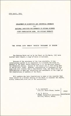 The future of high energy physics programme of Europe (1963, DSIR and NIRNS Joint Consultative Panel for nuclear research)