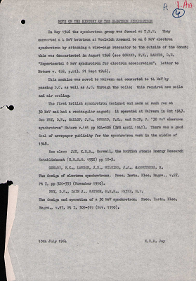 Notes on the history of the electron synchrotron (J Kay, 10 July 1964)