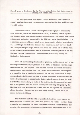 Speech given by Prof BH Flowers at the Rutherford Laboratory on Friday 21st March 1969