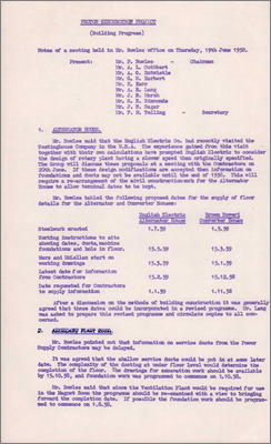 Minutes regarding building progress including alternator design and work by Building Research Establishment (19 June 1958)