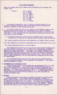 Minutes regarding draft invitation to tender document, accommodation for Contractor's staff, canteens, transport, working hours and timescales (19 August 1958)