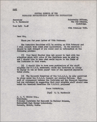 Letter from CR Macdonald, Central Council of the Federated Superannuation System for Universities to JAV Willis concerning FFSU membership (12 February 1959)