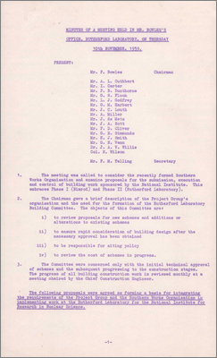Minutes regarding recently-formed Southern Works Organisation for Phase I (Nimrod) and Phase II (Rutherford Laboratory) (10 November 1959)