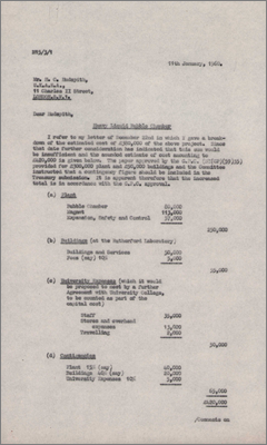 Letter from JAV Willis to HC Hudspith, UKAEA concerning the revised cost of the Heavy Liquid Bubble Chamber (11 January 1960)