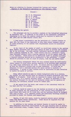 Notes from a meeting to discuss the proposed new canteen and lecture theatre in the south-east corner of site (12 February 1960)