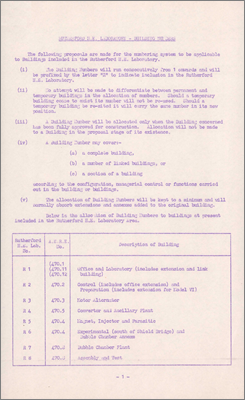 Note from P Bowles to GW Dixon concerning the form of the building "R" numbering scheme, including a list of corresponding AERE building numbers (13 April 1960)