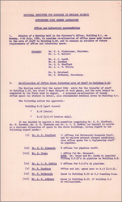 Minutes of a meeting concerning the reallocation of office space made vacant by the move of staff to R20 from R15, R16 and R12 and to estimate future requirements (15 July 1960; the R1 Link and extension buildings are not yet available so additional Terrapins for R20 should be erected as they become available from AERE)