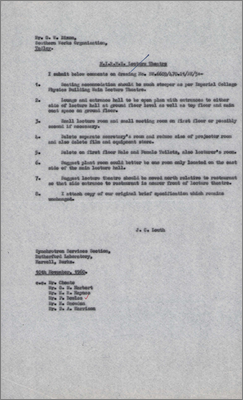 Note from JC Louth to GW Dixon with comments on the plans for the Lecture Theatre plus initial outline requirements (10 November 1960)