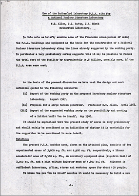 Use of the Rutherford Laboratory PLA site for a National Nuclear Structure Laboratory (Paper comparing costs of extending the PLA building vs the Daresbury proposal; WD Allen, CJ Batty and JB Marsh, late 1960s)