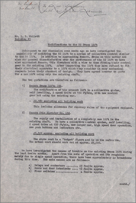 Note from Tolcher, Electrical Services Section to Mullet concerning modifications to R2 Evans lift (this has broken down 40 times in the last year so the proposal is to replace it with an Otis lift, moving this one to the Atlas building which is only two floors, 26 October 1962)