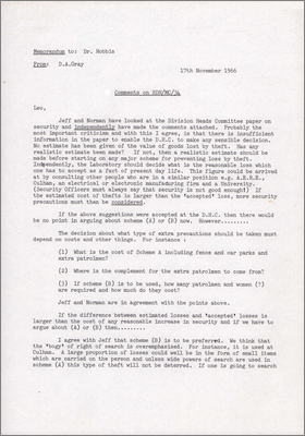 Memo from DA Gray to L Hobbis concerning site security following reports of petty theft (17 November 1966)