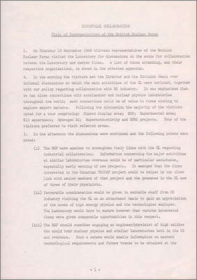 Report by FM Telling on the visit by representatives of the British Nuclear Forum as part of the Laboratory's Industrial Collaboration (19 September 1968)