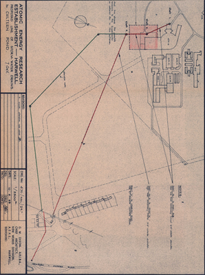 PSPC/P49 and NI(GP)(59)19  The main surface water drainage scheme for the Proton Synchrotron area of the Rutherford Laboratory (Revision of scheme following long-term observations of soakaways, consultation with Met Office and Merz and McLellan; includes plan of two possible routes, 11 June 1959)