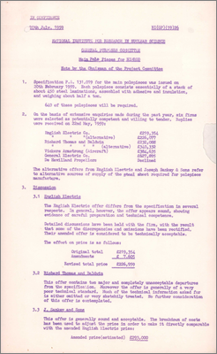 PSPC/P46 and NI(GP)(59)26 Main pole pieces for Nimrod (Tenders received, discussion, amended costs, recommendation to accept English Electric at a fixed cost of 226,959 pounds, 20 July 1959)