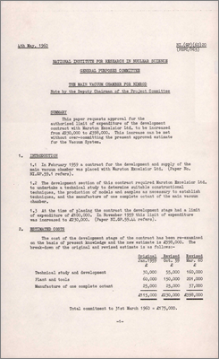 PSPC/P65 and NI(GP)(60)20 Main Vacuum Chamber for Nimrod (Includes summary of development work and itemised costs, 4 May 1960)