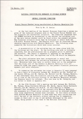 PSPC/P97 and NI/GP/62/13 Nimrod Vacuum Chamber being manufactured at Marston Excelsior Ltd (includes details of contract renegotiation, 7 March 1962)