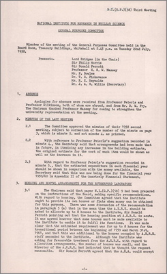 NI(GP)(58)3 Housing and hostel arrangements including possible transfer of Coseners House from AEA to NIRNS, finance and expenditure prepared by UKAEA on behalf of the Institute, magnet power supply alternative design, capital estimates and possible second laboratory at airfield site, Philip Morris replaced by Dr Aitken (22 July 1958)