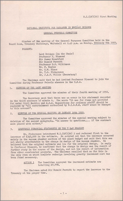NI(GP)(59)1 Quarterly financial statement and increase for vacuum chamber, Phase II building work paper 59/4, refurbishing of Coseners House, flats for visitors, patents, short-term staff, contract for four motor generators to General Electric Co (9 February 1959)