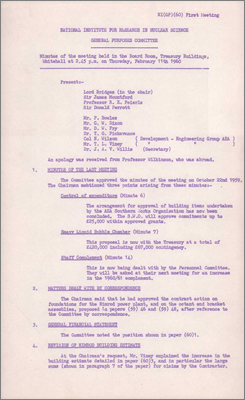 NI(GP)(60)1 Approval for 420,000 pounds for HLBC now with Treasury, papers 59/46 and 59/48 for Nimrod power plant foundation and octant end bracket assemblies approved, increased rates for concrete work due to complexity not apparent at tender stage, estimate for Nimrod now increased to 8.899M pounds, track measuring and scanning equipment, beam handling equipment, extensions to PLA building and Nimrod Control Room, sites identified for houses for staff include Rush Common, Gainsborough Green, Vineyard and Peach Croft, scheme for canteen and lecture theatre being worked upon, Orion computer to be purchased for 400,000 pounds, feasibility study on scintillation counter matrices, Director's entertainment allowance increased to 200 pounds for 59/60 and 500 pounds for 1960/61 (11 February 1960)