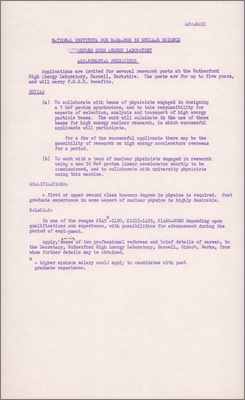 NI(GP)(59)9 Appointment of short-term staff (Selection board, assistance of AERE recruitment, secondment to accelerators in the US and USSR, draft vacancy notice, 29 January 1959)