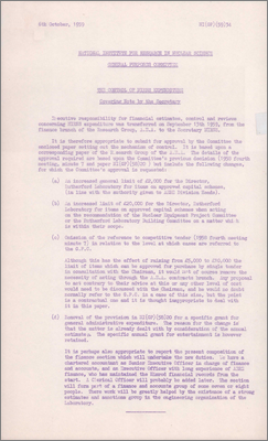 NI(GP)(59)34 Control of NIRNS expenditure (Institute budget is subhead of Atomic Energy Vote; banking, signing powers, project officers, 6 October 1959)