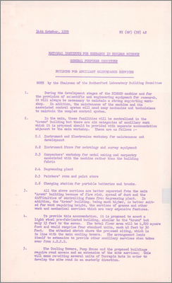 NI(GP)(59)42 Building for Ancillary Maintenance Services (Additional building required for instrument and electronics workshop, instrument store, carpenters workshop, degreasing plant, paint store an charging station for batteries and trucks; some risk of fire, fumes etc so separate from Arcon building R8; need not be as high; rerouting of access road; sketch included, 14 October 1959)