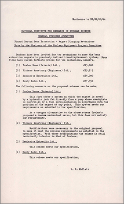 NI/GP/60/44 Magnet plunging mechanism for Nimrod proton beam extraction (Details of tenders, 26 September 1960)