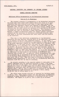 NI(GP)(61)9 Additional office accommodation at the Rutherford Laboratory (General review of accommodation and expected staff numbers, 27 January 1961)
