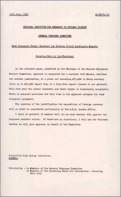 NI/GP/61/31 Beam Transport Plan: Contract for sixteen 8-inch Quadrupole Magnets (13 June 1961)