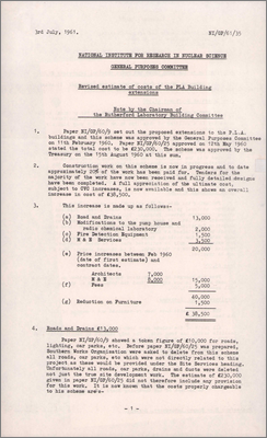 NI/GP/61/35 Revised estimate of costs of the PLA building extension (3 July 1961)