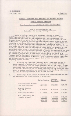 NI/GP/61/37 Heavy Laboratory and additional office accommodation (Discussion of tenders from Taylor Woodrow, Beechams and Chivers, 6 July 1961)