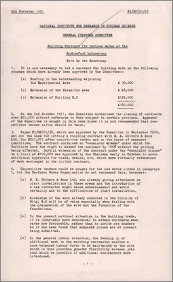 NI/GP/61/48 Building contract for various works at the Rutherford Laboratory (Justification for extending Chivers contracts and not putting to competitive tender due to national situation in building trade, 2 November 1961)
