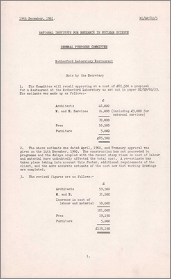 NI/GP/62/5 Rutherford Laboratory Restaurant (revision of estimates, 19 December 1961)
