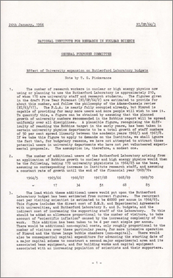 NI/GP/64/3 Effect of university expansion on Rutherford Laboratory budgets (Pickavance, 24 January 1964)