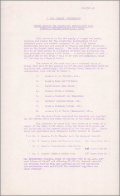 PSPC/P048 Tender summary for electrical installation work Contract CON/HAR/3A3495 (Firms tendering plus discussion, recommendation to accept FH Wheeler Ltd, 20 May 1959)