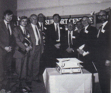 At the official opening in Sheffield, left to right: Clive Betts, Leader of Sheffield City Council; Ian Draff an, Head of Computer Studies, Sheffield City Polytechnic; Dr Mike Jane, RAL; Dr Ashley Catterall, Secretary, SERC; John Stoddart, Principal, Sheffield City Polytechnic; Professor Geoffrey Sims, Vice Chancellor, Sheffield University; Professor Doug Lewin, Director of the National Transputer Support Centre; Robert Jackson MP; Dr Paul Williams, Director, RAL.
