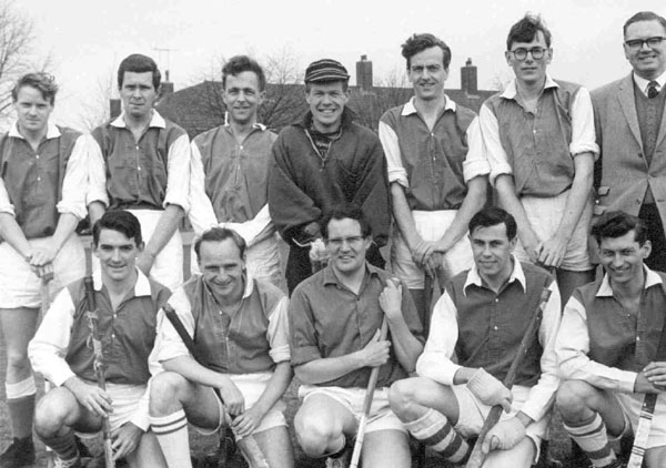 AERE HOCKEY CLUB 1965. Back Row: Ken Shaw, SRC; John Penney, Morris Motors (this year's Captain); Angwin Marples, Ceramics (Secretary); Gerry Birmingham, M.G.-Riley; Nigel West, SRC; Mike Powell, Theoretical Physics; Don Rowe, Ceramics (Club Chairman and Umpire). Front Row: Brian O'Connor, Ceramics (From Perth, W. Australia, this year's Vice-Captain); Doug Davies, Chemistry (now retired and umpiring regularly); Jolyon Kay, formerly of Chem. Eng. and now with the Foreign Office; Bob Hopgood, Atlas Lab. (now in Pittsburgh on a year's Attachment); John Austin, SRC.
