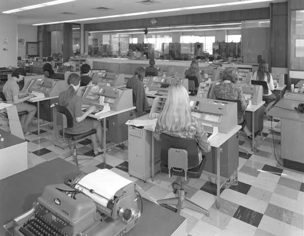 Data preparation area with machine room in background