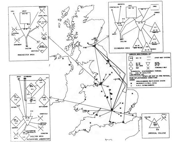 Fig 3.1 The main network of the Interactive Computing Facility linking Edinburgh, Manchester and Chilton. 
Secondary links reach individual terminals or clusters of terminals at many other sites