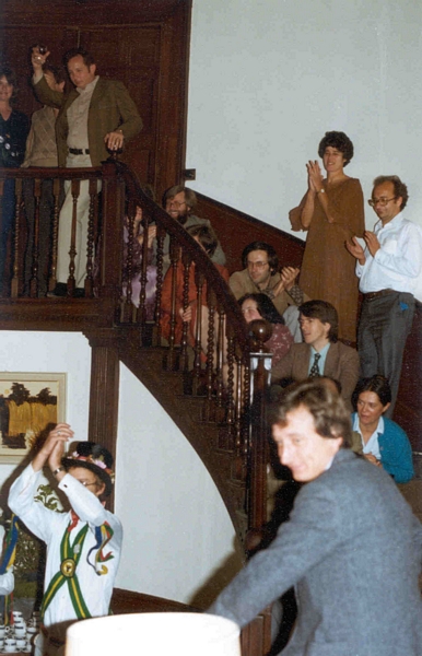 Cosener's House: Dick Puk (ANSI) raising his glass, on stairs: Len Ford,  then Marjorie Sherwen, Marcele Wein (Canada) standing, then Julian Gallop, Dale Sutcliffe, Marie-Louise Guedj