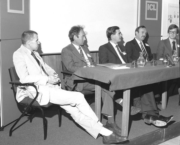 ICL/SERC Launch at RAL: Bob Hopgood, Geoff Manning, Ninian Eadie, Fred Chambers, Roger Vinnicombe, 5 October 1981