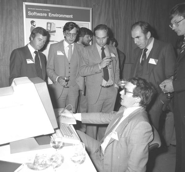 Demonstration of the PERQ; Barry Martin of SERC watches on the right