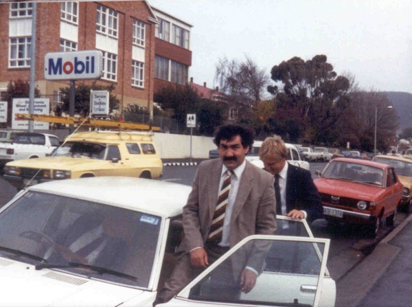 Peter Lever and ICL's Tasmanian Salesman on the way to a PERQ presentation by Peter Lever and Bob Hopgood in Hobart