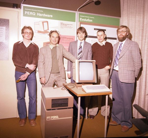 Andy Ferryman, Geoff Manning, Rob Witty, Bob Hopgood and Len Ford with the first ICL PERQ