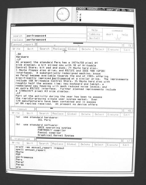 Fig 5.6 Spy screen editor used in preparing the paragraph headed 'Hardware'. The three text-containing sub-windows display (top to bottom): (i) input to the UNIX text-formatter NROFF; (ii) the result of using NROFF, being scanned to check for errors; and (iii) an area last used to collect output from the SPELL utility, which identifies all items not in its dictionary. Note that the incorrect spelling 'performance' has been identified; the error is in the process of correction in the topmost sub-window. 
