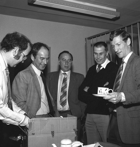 Peter Davey, Head of ICF, retires, February 1984. Cliff Pavelin, Geoff Manning, Doug House and Bob Hopgood look on